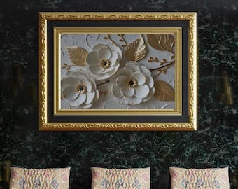 Art print – White flowers with golden leaves, elegant floral wall art, modern flower decoration for living room & bedroom