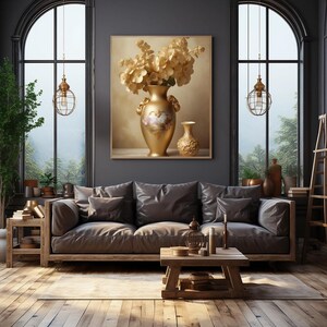 Bodegón con jarrones dorados: impresión digital de arreglo floral vintage, arte mural de lujo, arte imprimible, elegante cuadro dorado para pared.