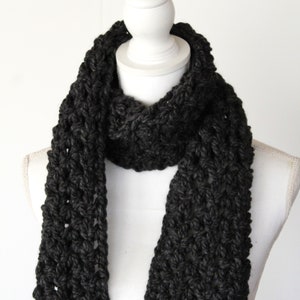 Crochet long scarf in charcoal gray for women and men, chunky wool blend grey cowls for cold weather, cozy neckwarmers