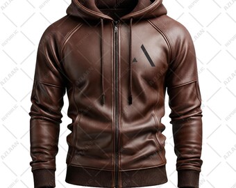Men's Brown Full Zip Leather Hoodie Jacket, Handmade Lambskin Hooded Sweatshirt, Slim Fit Biker Streetwear Outerwear, Premium Gift for Him