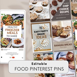 Puede incluir: Una colección de nueve pines de Pinterest de comida editables con varias recetas e imágenes de comida. Los pines tienen títulos como "Comidas saludables para congelar", "15 ideas fáciles de aperitivos para fiestas", "La mejor receta de pan de plátano", y "10 recetas de galletas con chispas de chocolate".