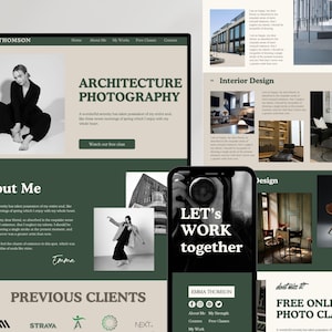 May include: A website design template for a photographer named Emma Thomson, featuring a dark green and beige colour scheme. The layout includes sections for architecture photography, an about me page, client logos, and a mobile phone interface.