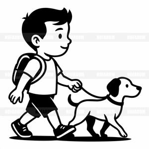 Op de afbeelding: Een zwart-witte vectorillustratie van een kind met een rugzak die een hond aan de lijn uitlaat. Het kind draagt een t-shirt, korte broek en sneakers. De hond draagt een halsband. Het ontwerp bevat de herhaalde tekst NOFARUM.