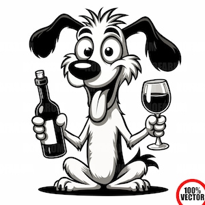 SVG de perro divertido, perro amante del vino, cachorro bebiendo, imágenes prediseñadas de botella de vino, perro con copa de vino, archivo de corte de humor para mascotas, regalo para amantes de los perros