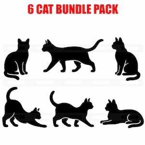 Silhouette di gatto SVG, Pacchetto di gattini neri PNG, Clipart per amanti degli animali, File di taglio con pose feline, Illustrazione vettoriale di un gattino che si stira, Design di animali carini