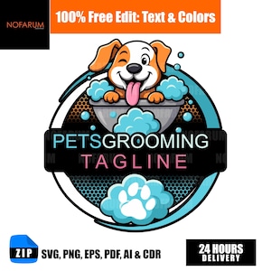 Pet Grooming Logo | Cute Dog Bath Vector Design | Pet Care Business Branding | Pet Spa Logo | Editable Pet Logo  | Grooming Salon Badge