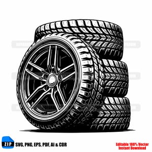 May include: Black and white illustration of four stacked car tires. One tire is in the foreground, showcasing a five-spoke wheel design. The tires have a detailed tread pattern. The image includes the text "SVG, PNG, EPS, PDF, AI & CDR" and "Editable 100% Vector Instant Download".