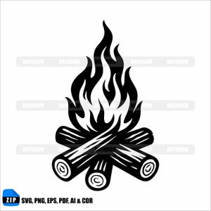 May include: Black and white illustration of a campfire with flames and logs. The image includes the text "ZIP SVG, PNG, EPS, PDF, AI & CDR".