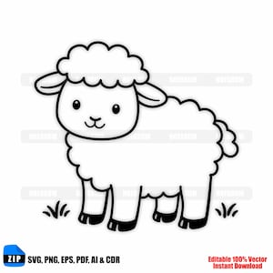 Puede incluir: Ilustración de dibujos animados en blanco y negro de una oveja. La oveja tiene un cuerpo blanco y esponjoso, pezuñas negras y una cara sonriente. La imagen incluye el texto "ZIP SVG, PNG, EPS, PDF, AI & CDR" y "Editable 100% Vector Instant Download."