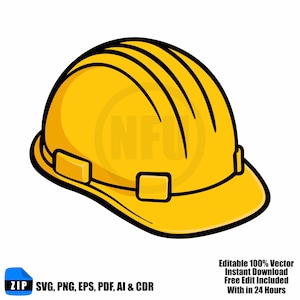 Puede incluir: Un casco de construcción amarillo con contornos y detalles negros. El casco tiene una visera y correas ajustables. La imagen incluye el texto "Editable 100% Vector Instant Download Free Edit Included With in 24 Hours".