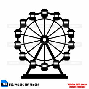 以下が含まれることがあります： 観覧車の白黒ベクターイラスト。この画像は、ゴンドラとスポークを備えた遊園地の乗り物の詳細なデザインを示しています。画像には「ZIP SVG、PNG、EPS、PDF、AI & CDR」と「Editable 100% Vector Instant Download」というテキストが含まれています。