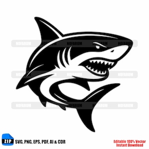 May include: A black and white illustration of a shark with an open mouth, displaying sharp teeth. The shark is in a dynamic pose, with its fins extended. The image includes the text "ZIP SVG, PNG, EPS, PDF, AI & CDR" and "Editable 100% Vector Instant Download".