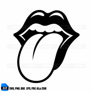 May include: A black and white graphic of a mouth with a tongue sticking out. The lips are glossy and outlined in black, with the tongue in white. The image includes the text "SVG, PNG, DXF, EPS, PDF, AI, & CDR" and a ZIP file icon.