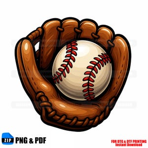 May include: A baseball and mitt illustration. The baseball is white with red stitching, nestled in a brown leather baseball glove. The glove is detailed with stitching and a dark outline. The image includes the text "ZIP PNG & PDF".