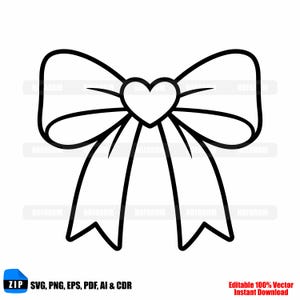 May include: Black and white vector illustration of a bow with a heart in the center. The bow has two loops on each side and two long, pointed tails. The image includes the text "ZIP SVG, PNG, EPS, PDF, AI & CDR" and "Editable 100% Vector Instant Download".