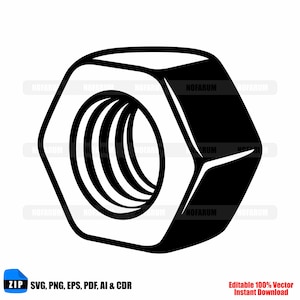 Puede incluir: Una tuerca hexagonal en blanco y negro con rosca interna. La imagen incluye el texto "ZIP SVG, PNG, EPS, PDF, AI & CDR" y "Editable 100% Vector Instant Download".