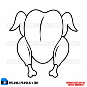 May include: A black and white line drawing of a roasted turkey, viewed from above. The turkey is ready for the oven. The image includes the text "ZIP SVG, PNG, EPS, PDF, AI & CDR" and "Editable 100% Vector Instant Download".