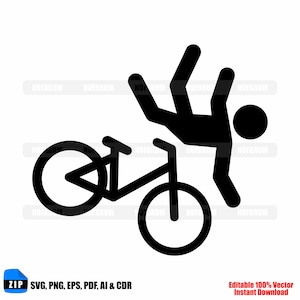 May include: Black and white graphic of a bicycle with a person falling off. The image includes the text "ZIP SVG, PNG, EPS, PDF, AI & CDR" and "Editable 100% Vector Instant Download".