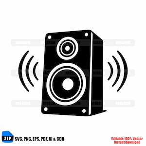 May include: A black and white illustration of a speaker with sound waves emanating from it. The speaker has two circular components and is labeled with "SVG, PNG, EPS, PDF, AI & CDR" and "Editable 100% Vector Instant Download".