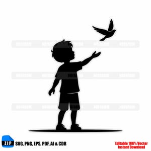 Peut inclure: Silhouette noire d'un enfant tendant la main vers un oiseau en vol. L'enfant porte un t-shirt, un short et des baskets. L'image comprend le texte "SVG, PNG, EPS, PDF, AI & CDR" et "Editable 100% Vector Instant Download".