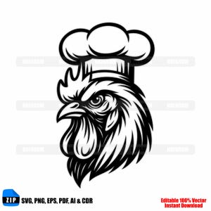 May include: Black and white illustration of a rooster wearing a chef's hat. The rooster's head is detailed with sharp lines, and the chef's hat is a simple, rounded design. The image includes the text "ZIP SVG, PNG, EPS, PDF, AI & CDR" and "Editable 100% Vector Instant Download."
