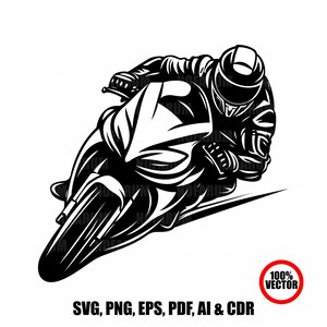 以下が含まれることがあります： 黒と白のイラストで、バイクレーサーがコーナーを曲がっている様子。レーサーはヘルメットとレーシングスーツを着用しています。画像には「SVG、PNG、EPS、PDF、AI＆CDR」というテキストと、「100％VECTOR」と書かれた赤い円が含まれています。