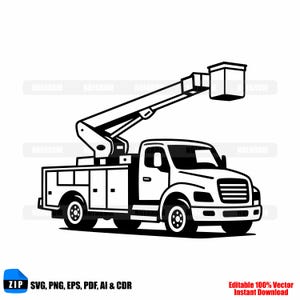 May include: Black and white illustration of a utility truck with an extended boom and bucket. The truck has a storage compartment and is designed for aerial work. The image includes the text "ZIP SVG, PNG, EPS, PDF, AI & CDR" and "Editable 100% Vector Instant Download."