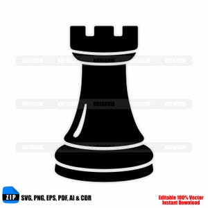 May include: A black rook chess piece vector graphic. The piece has a crenellated top, a cylindrical body, and a rounded base. The image includes the text "ZIP SVG, PNG, EPS, PDF, AI & CDR" and "Editable 100% Vector Instant Download".