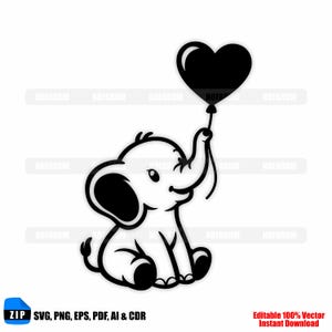 May include: A black and white cartoon illustration of a baby elephant holding a black heart-shaped balloon. The elephant is sitting down and smiling. The image includes the text "SVG, PNG, EPS, PDF, AI & CDR" and "Editable 100% Vector Instant Download".
