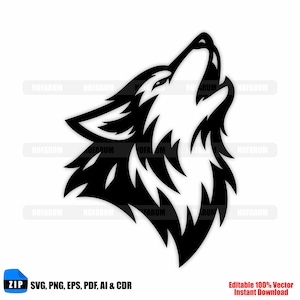 Puede incluir: Gráfico en blanco y negro de la cabeza de un lobo aullando. El lobo se representa de perfil, con la cabeza inclinada hacia atrás y la boca abierta. La imagen incluye el texto "SVG, PNG, EPS, PDF, AI & CDR" y "Editable 100% Vector Instant Download."