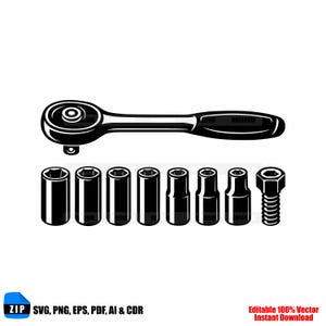 May include: Black and white illustration of a ratchet wrench and a set of sockets and a bolt. The image includes the text "ZIP SVG, PNG, EPS, PDF, AI & CDR" and "Editable 100% Vector Instant Download".