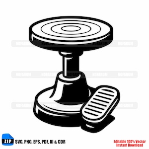 Könnte beinhalten: Schwarz-Weiß-Illustration einer Töpferscheibe mit Fußpedal. Das Rad hat eine kreisförmige Oberseite mit konzentrischen Ringen und einen Sockel. Das Fußpedal ist rechteckig mit parallelen Linien.
