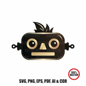 May include: A stylized robot face illustration in black and gold. The robot has circular eyes, a triangular nose, and a rectangular mouth. The design includes a leafy element on top and small circular attachments on the sides. The image also includes the text "SVG, PNG, EPS, PDF, AI & CDR".