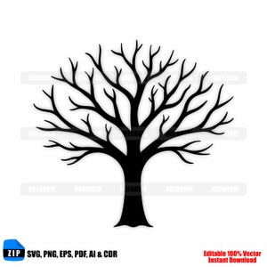 Könnte beinhalten: Schwarze Silhouette eines Baumes mit vielen Ästen, vor weißem Hintergrund. Der Baum hat einen dicken Stamm und die Äste breiten sich aus. Der Text lautet: "ZIP SVG, PNG, EPS, PDF, AI & CDR" und "Editable 100% Vector Instant Download."