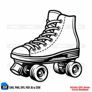 Puede incluir: Ilustración en blanco y negro de un patín. El patín presenta un diseño de caña alta con cordones, puntera y cuatro ruedas. La imagen incluye el texto "SVG, PNG, EPS, PDF, AI & CDR" y "Editable 100% Vector Instant Download."