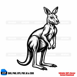 May include: A black and white illustration of a kangaroo in a standing pose. The kangaroo is depicted with detailed linework, showcasing its muscular build and distinctive features. The image includes text that says "SVG, PNG, EPS, PDF, AI & CDR" and "Editable 100% Vector Instant Download."