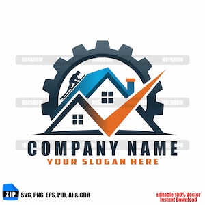 Peut inclure: Logo avec une maison au toit bleu et une cheminée orange, un engrenage et une coche orange. Une silhouette d'une personne grimpant une échelle est sur le toit. Le texte "COMPANY NAME" et "YOUR SLOGAN HERE" sont en dessous.