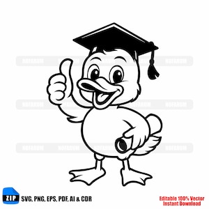 Könnte beinhalten: Schwarz-weißer Cartoon-Enten-Abschluss mit Doktorhut, der einen Daumen hoch zeigt. Die Ente hält ein gerolltes Diplom. Das Bild enthält den Text "ZIP SVG, PNG, EPS, PDF, AI & CDR" und "Editable 100% Vector Instant Download".