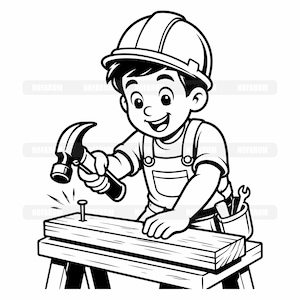 May include: A black and white line art illustration of a construction worker wearing a hard hat and overalls, smiling while using a hammer to drive a nail into a wooden board on a workbench. A tool belt with a wrench is visible at the waist.