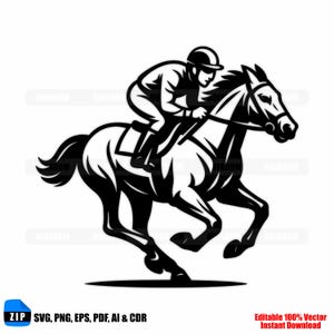 Könnte beinhalten: Schwarz-Weiß-Illustration eines Rennpferdes und Jockeys in Bewegung. Der Jockey trägt einen Helm und Reitkleidung. Das Pferd galoppiert. Der Text "ZIP SVG, PNG, EPS, PDF, AI & CDR" und "Editable 100% Vector Instant Download" ist enthalten.