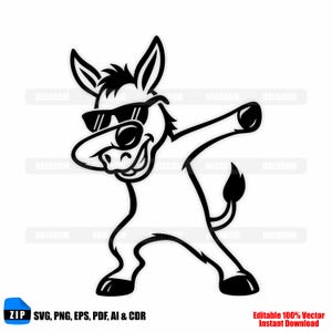 May include: Black and white cartoon illustration of a donkey wearing sunglasses and dabbing. The donkey is smiling and has its arm raised in a dabbing pose. The image includes the text "ZIP SVG, PNG, EPS, PDF, AI & CDR" and "Editable 100% Vector Instant Download."