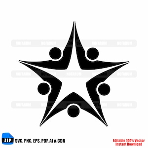 May include: A black and white star design with five points, each connected to a circle. The image includes the text "ZIP SVG, PNG, EPS, PDF, AI & CDR" and "Editable 100% Vector Instant Download".
