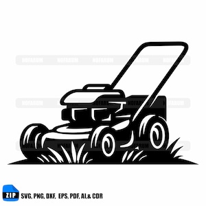 Pode incluir: Ilustração a preto e branco de um cortador de relva a cortar relva. O cortador de relva tem uma pega, rodas e uma caixa de lâmina. A imagem inclui o texto "SVG, PNG, DXF, EPS, PDF, AI, & CDR" e um ícone de ficheiro ZIP.