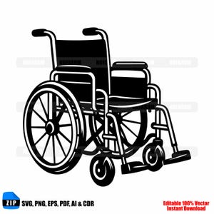 Pode incluir: Ilustração a preto e branco de uma cadeira de rodas. A cadeira de rodas tem rodas traseiras grandes, rodas dianteiras menores, apoios de braços e um assento. A imagem inclui o texto "ZIP SVG, PNG, EPS, PDF, AI & CDR" e "Editable 100% Vector Instant Download".