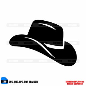 May include: A black cowboy hat silhouette with a wide brim and a curved crown. The hat is angled to the side, with a white accent band. The image includes text: "SVG, PNG, EPS, PDF, AI & CDR" and "Editable 100% Vector Instant Download."