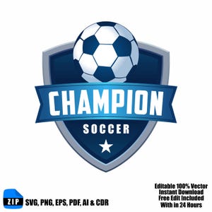 May include: A blue and white soccer ball sits atop a shield-shaped emblem. The emblem features the word "CHAMPION" on a blue banner, with "SOCCER" and a star below. The design is a vector graphic.