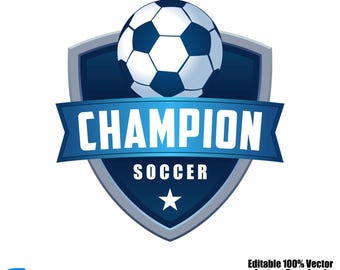 May include: A blue and white soccer ball sits atop a shield-shaped emblem. The emblem features the word "CHAMPION" on a blue banner, with "SOCCER" and a star below. The design is a vector graphic.