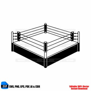 Op de afbeelding: Een zwart-wit illustratie van een boksring. De ring heeft vier hoekpalen, touwen en een zwarte basis. De afbeelding bevat de tekst "ZIP SVG, PNG, EPS, PDF, AI & CDR" en "Editable 100% Vector Instant Download."