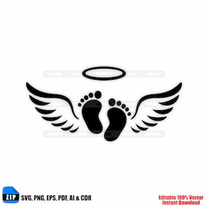 May include: Black graphic of baby footprints with angel wings and a halo. The image includes the text "ZIP SVG, PNG, EPS, PDF, AI & CDR" and "Editable 100% Vector Instant Download".