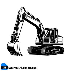 May include: Black and white illustration of an excavator, a heavy construction vehicle. The excavator has a large bucket, a long arm, and a cab. The image includes the text "ZIP SVG, PNG, EPS, PDF, AI & CDR".